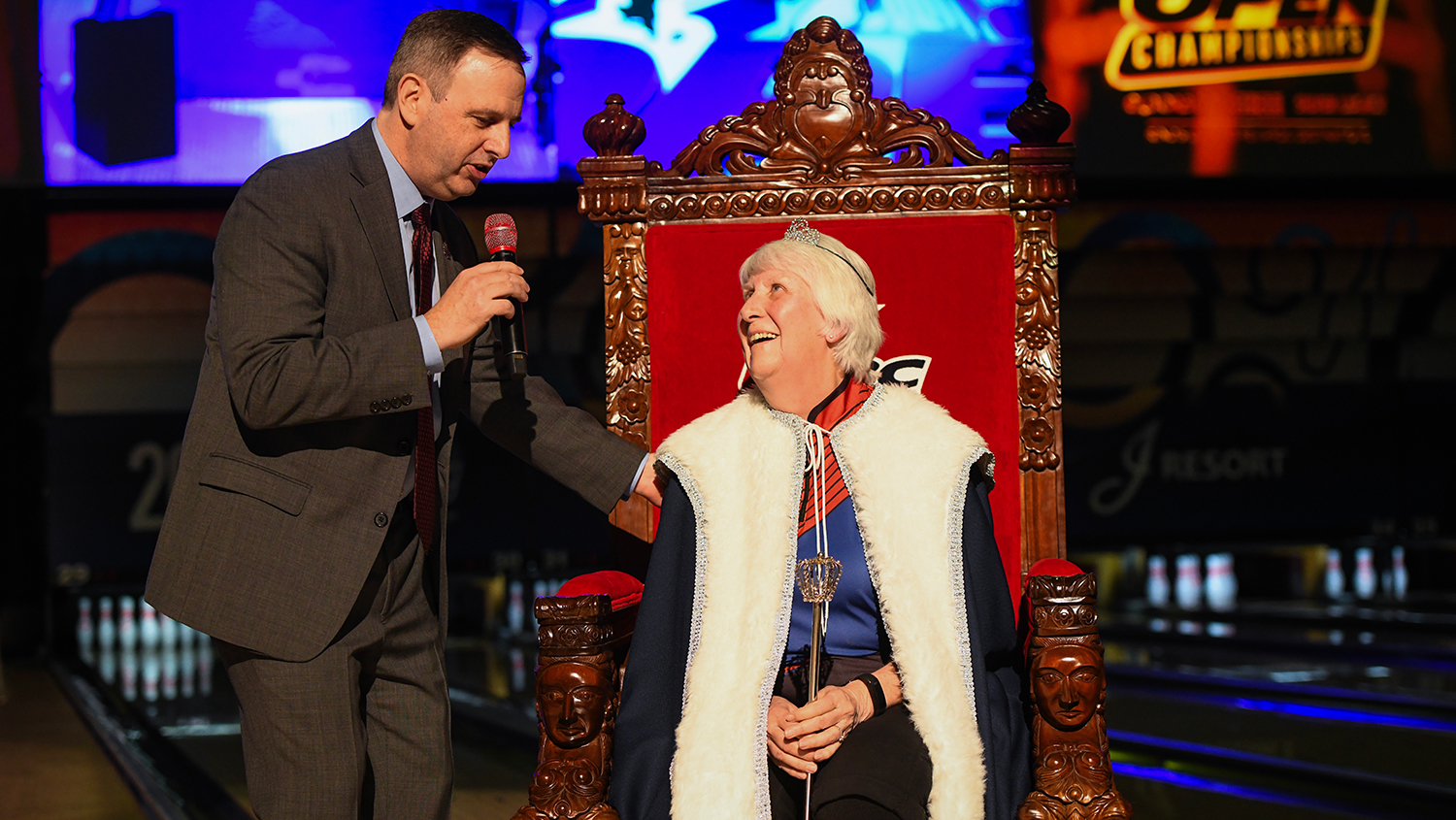 Vicki Larsen sits on the "Josephine Bowler" throne at the 2026 USBC Open Championships
